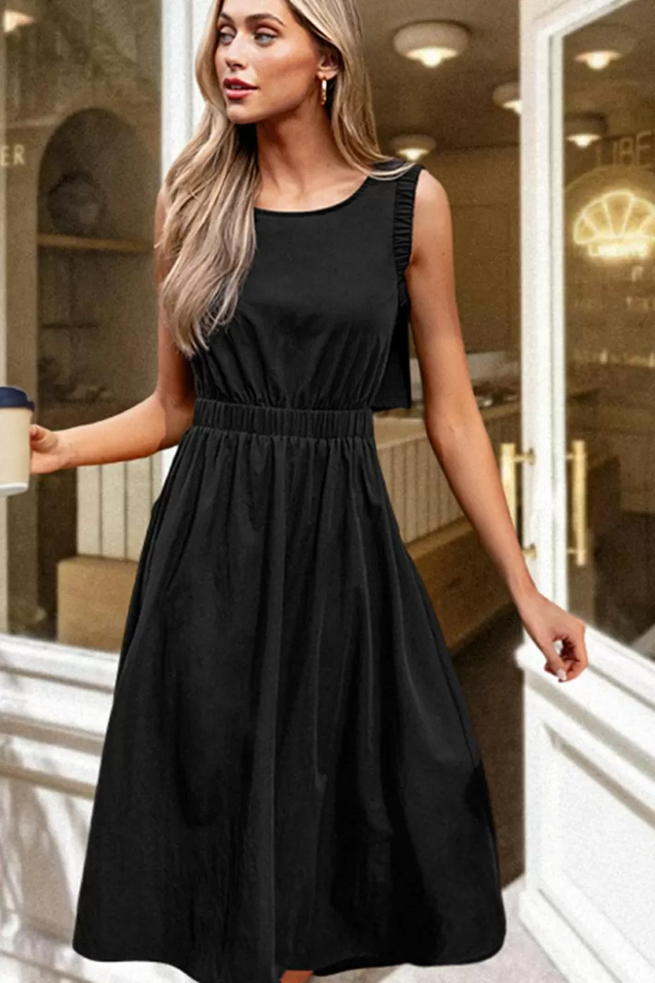Cheap Cupshe Round Neck Sleeveless Elastic Waist Midi Dress Black
