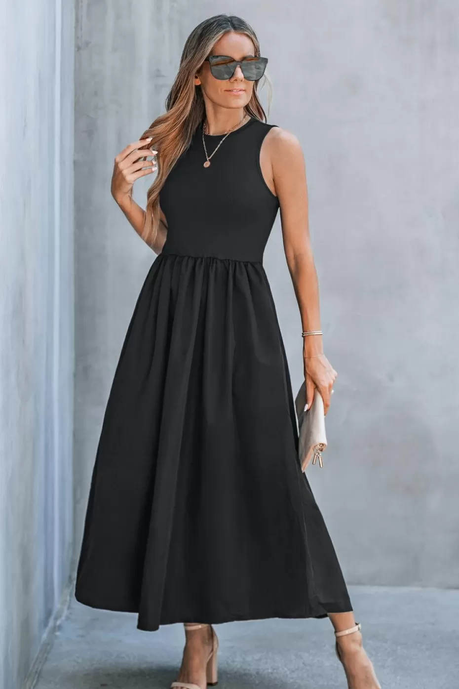 Cheap Cupshe Round Neck Sleeveless Maxi Jersey Dress Black