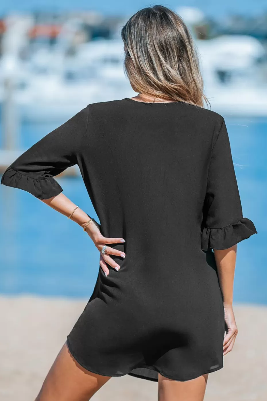 New Cupshe Ruched Surplice Cover-Up Black