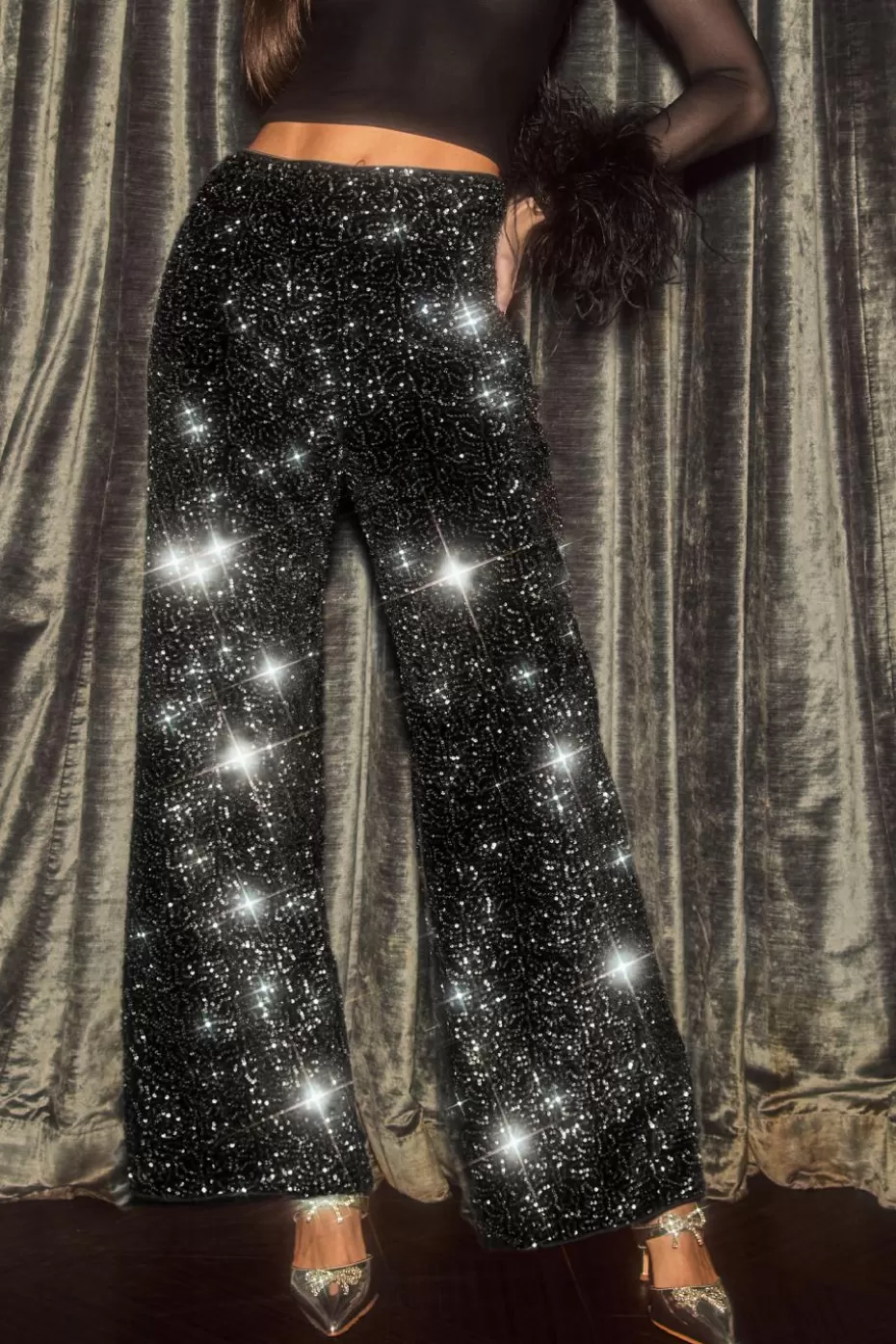 Fashion Cupshe Sequins Wide Leg Pants Black
