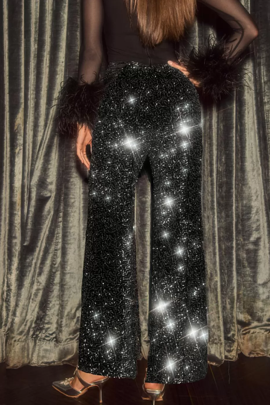 Fashion Cupshe Sequins Wide Leg Pants Black