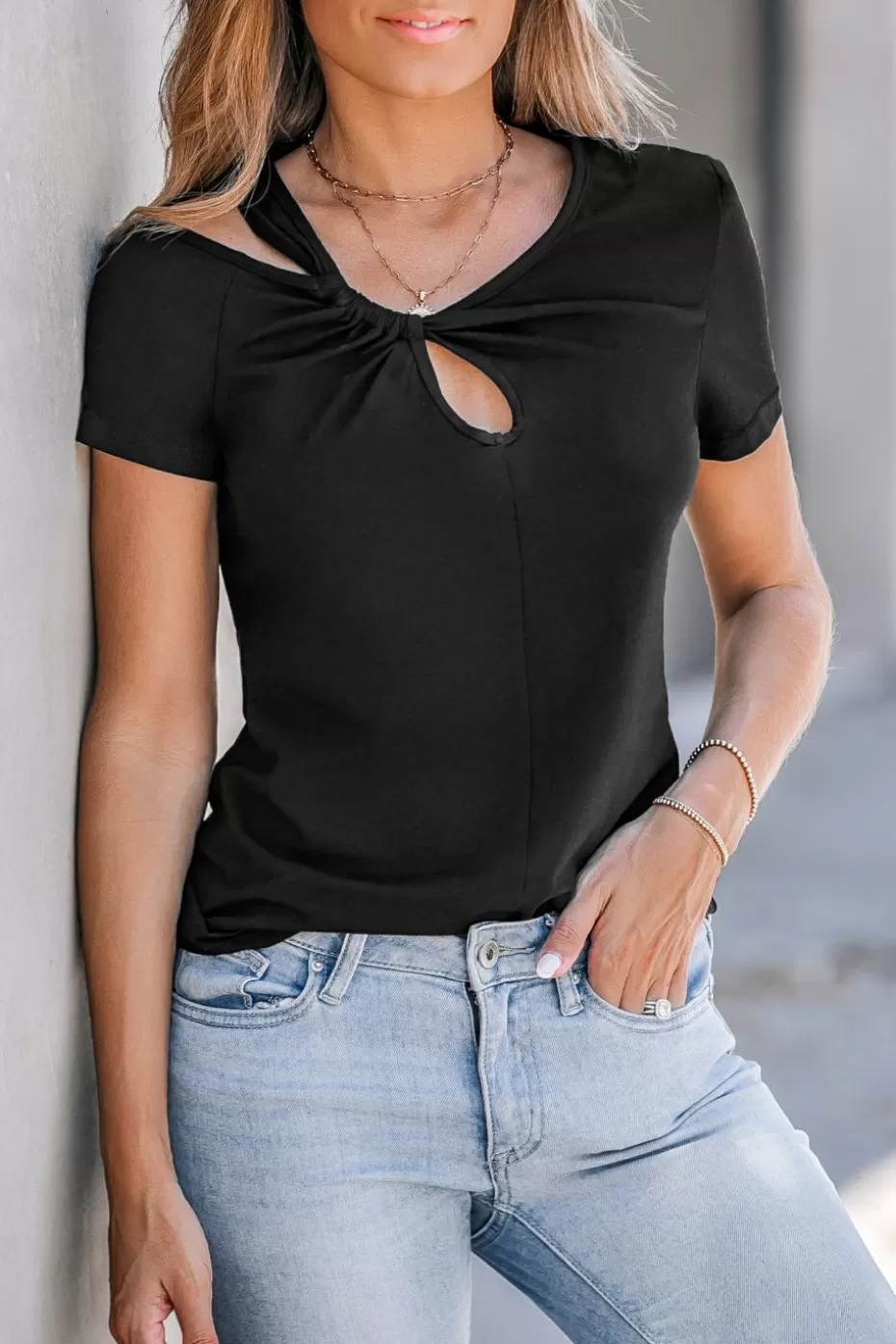 Fashion Cupshe Short Sleeve Twist & Keyhole Tee Black