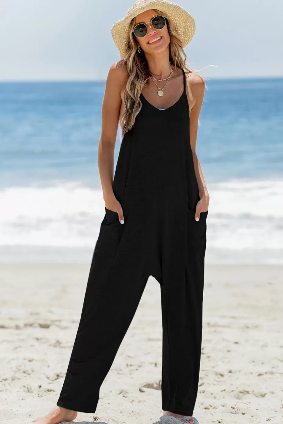 Cheap Cupshe Sleeveless Scoop Neck Drop Crotch Jumpsuit Black