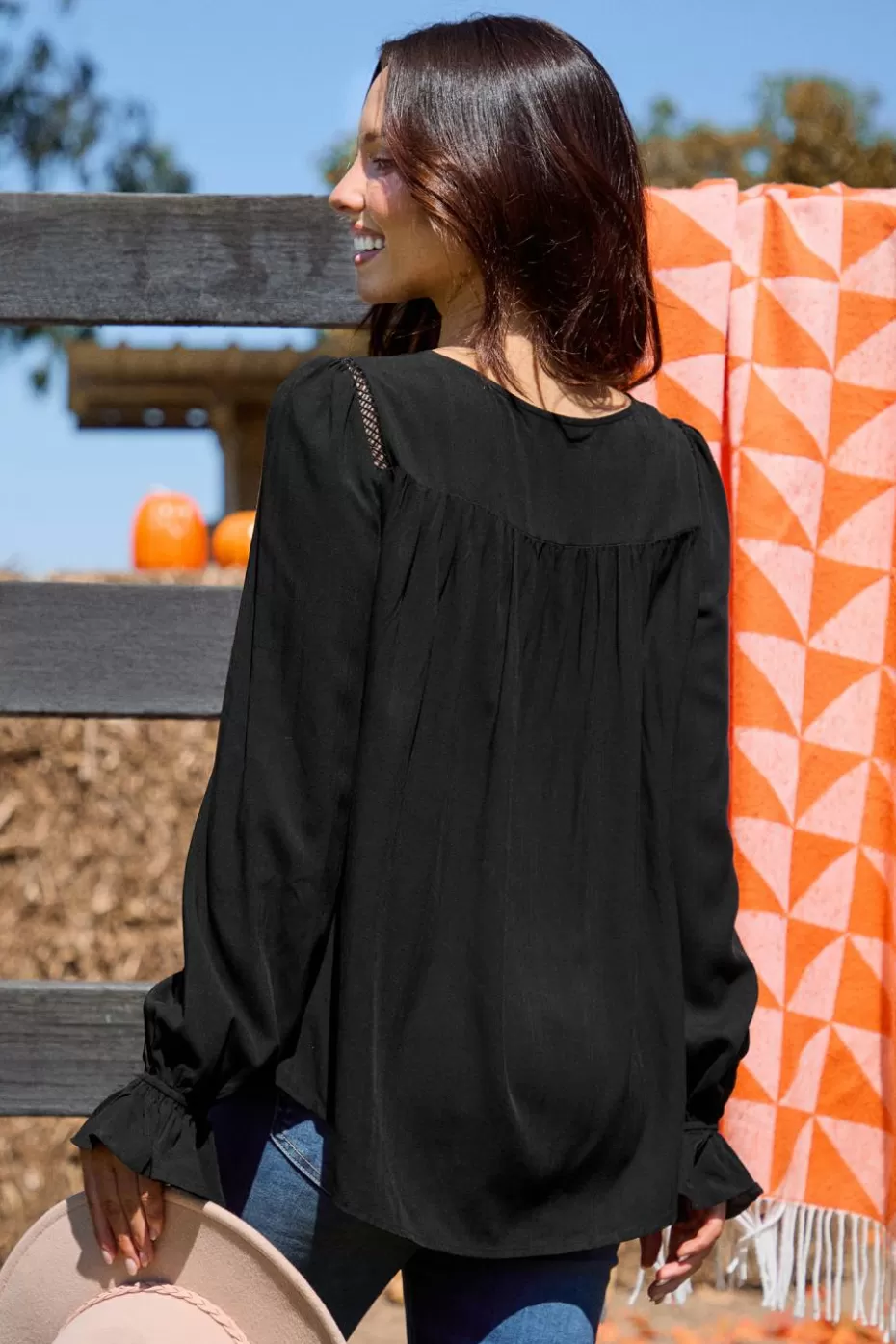 Online Cupshe Split Neck Blouson Sleeve Top Black