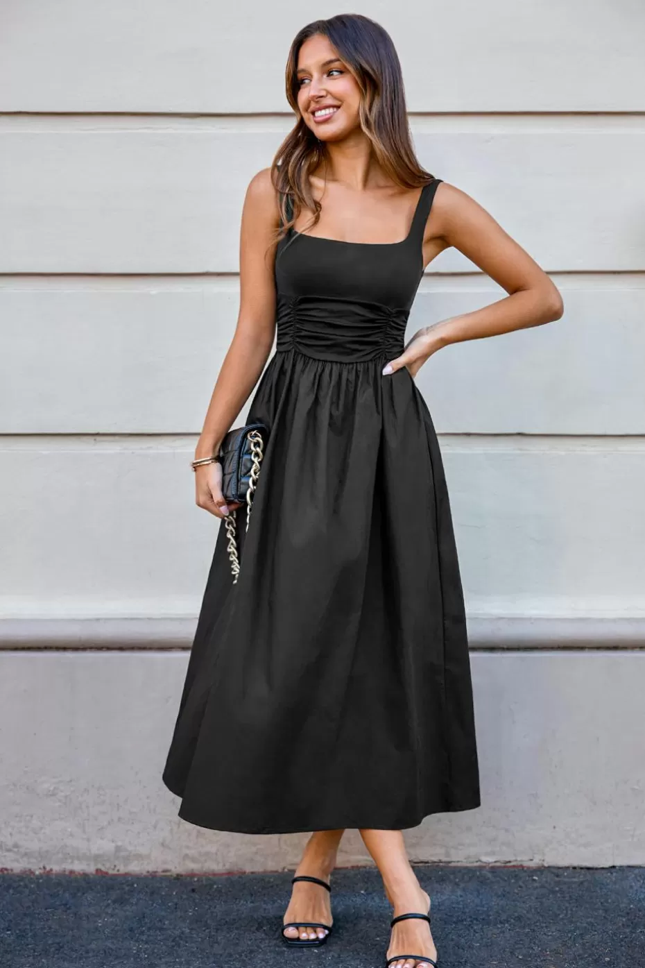 Clearance Cupshe Square Neck Sleeveless Shirred Waist Midi Dress Black