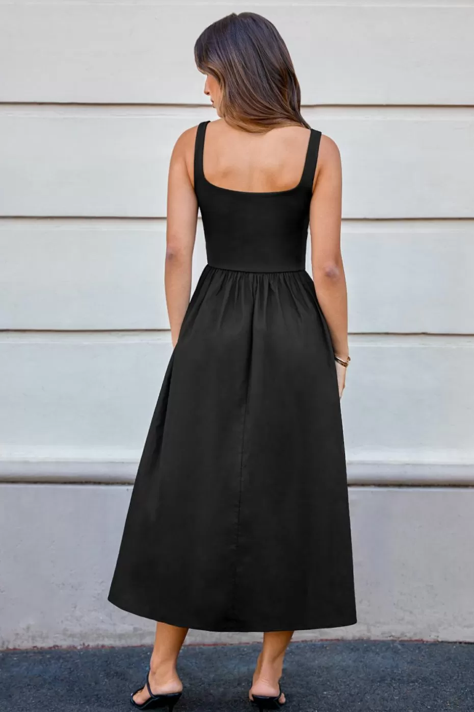 Clearance Cupshe Square Neck Sleeveless Shirred Waist Midi Dress Black
