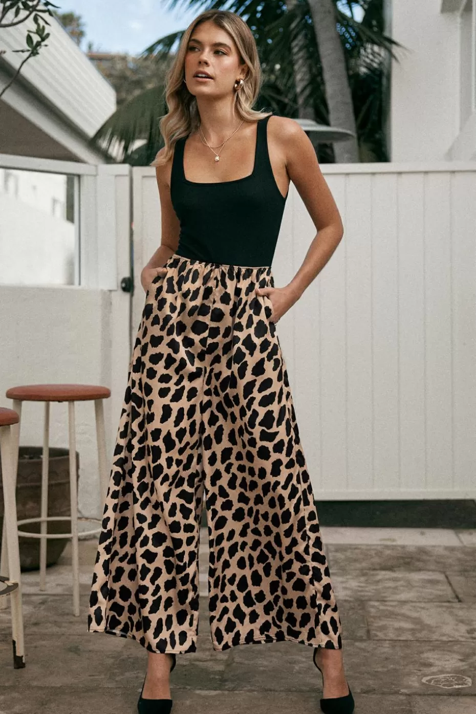 Online Cupshe Black Square Neck Tank & Leopard Wide Leg Jumpsuit Salmon
