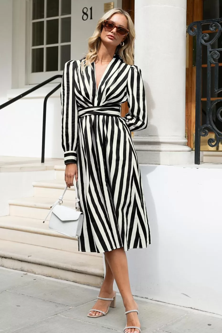 Store Cupshe Striped Collared Plunging Puff Shoulder Midi Dress Black