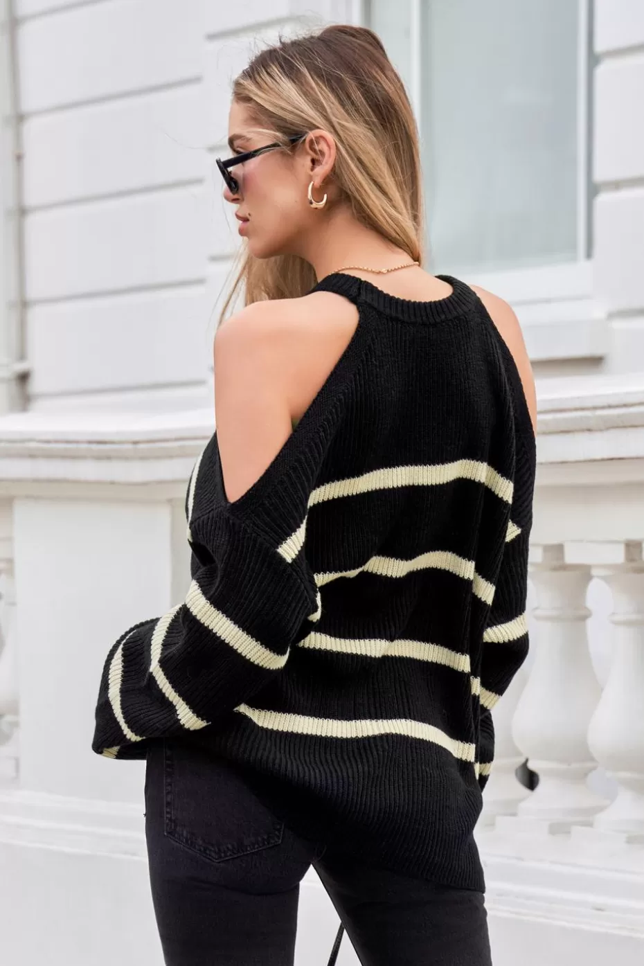 Discount Cupshe Striped Cutout Shoulder Long Sleeve Sweater Black