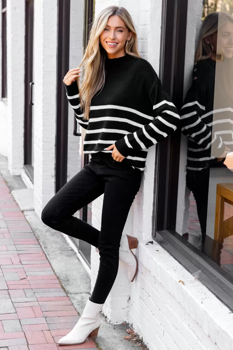 New Cupshe Striped Long Sleeve Mockneck Black