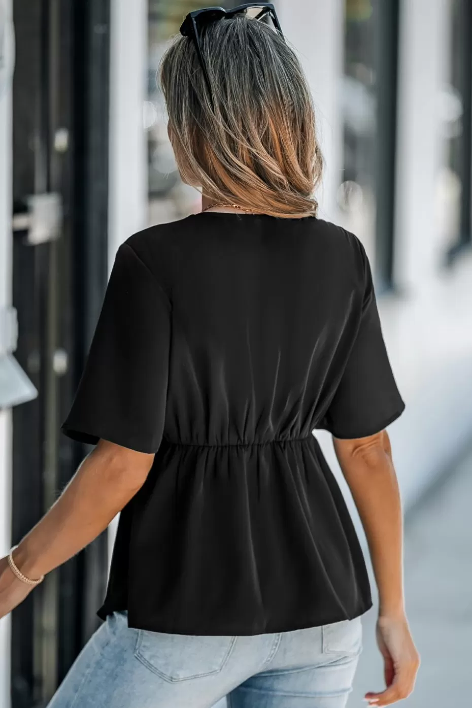 Cheap Cupshe Surplice Flared Sleeve Ruffle Blouse Black