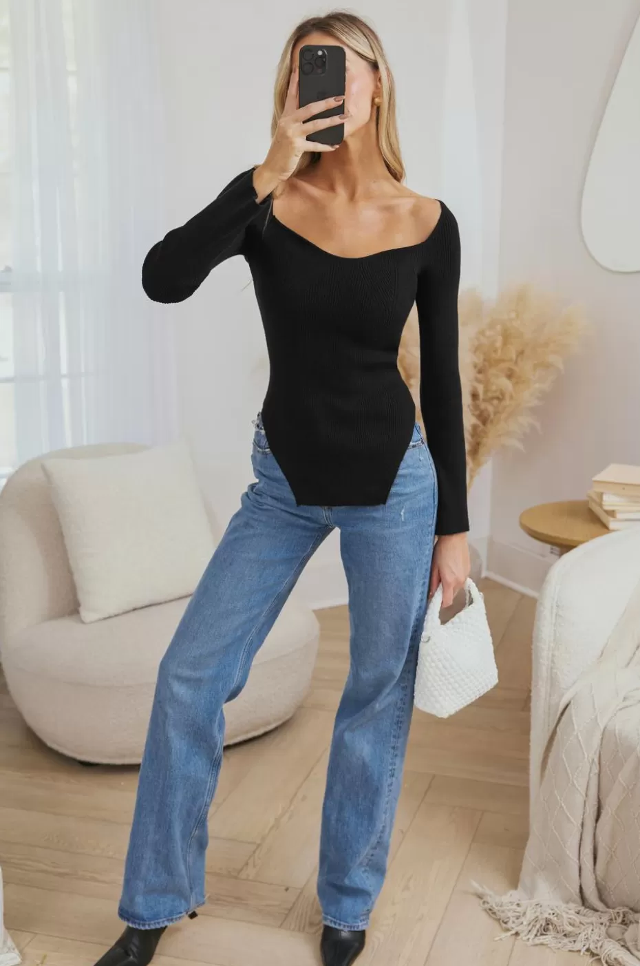 Store Cupshe Sweetheart Long Sleeve Knit Top Black
