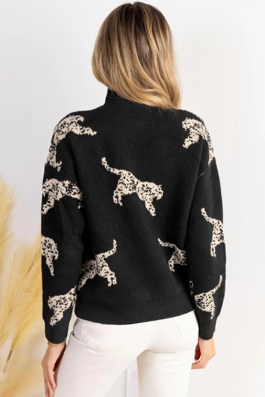 Flash Sale Cupshe Tiger Print Mockneck Long Sleeve Sweater Black