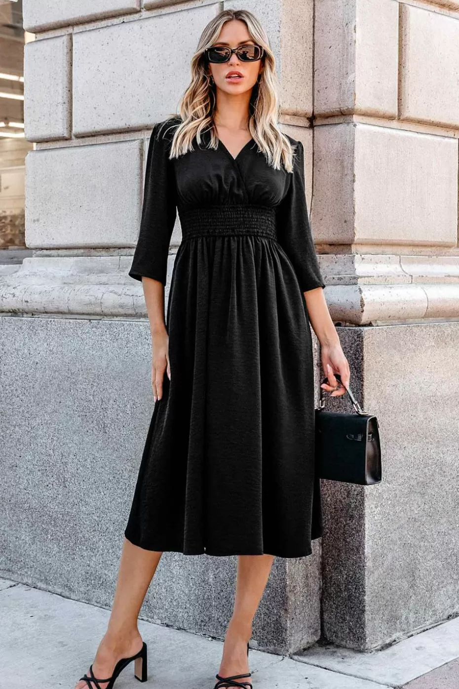 Hot Cupshe V-Neck 3/4 Sleeve Midi Dress Black