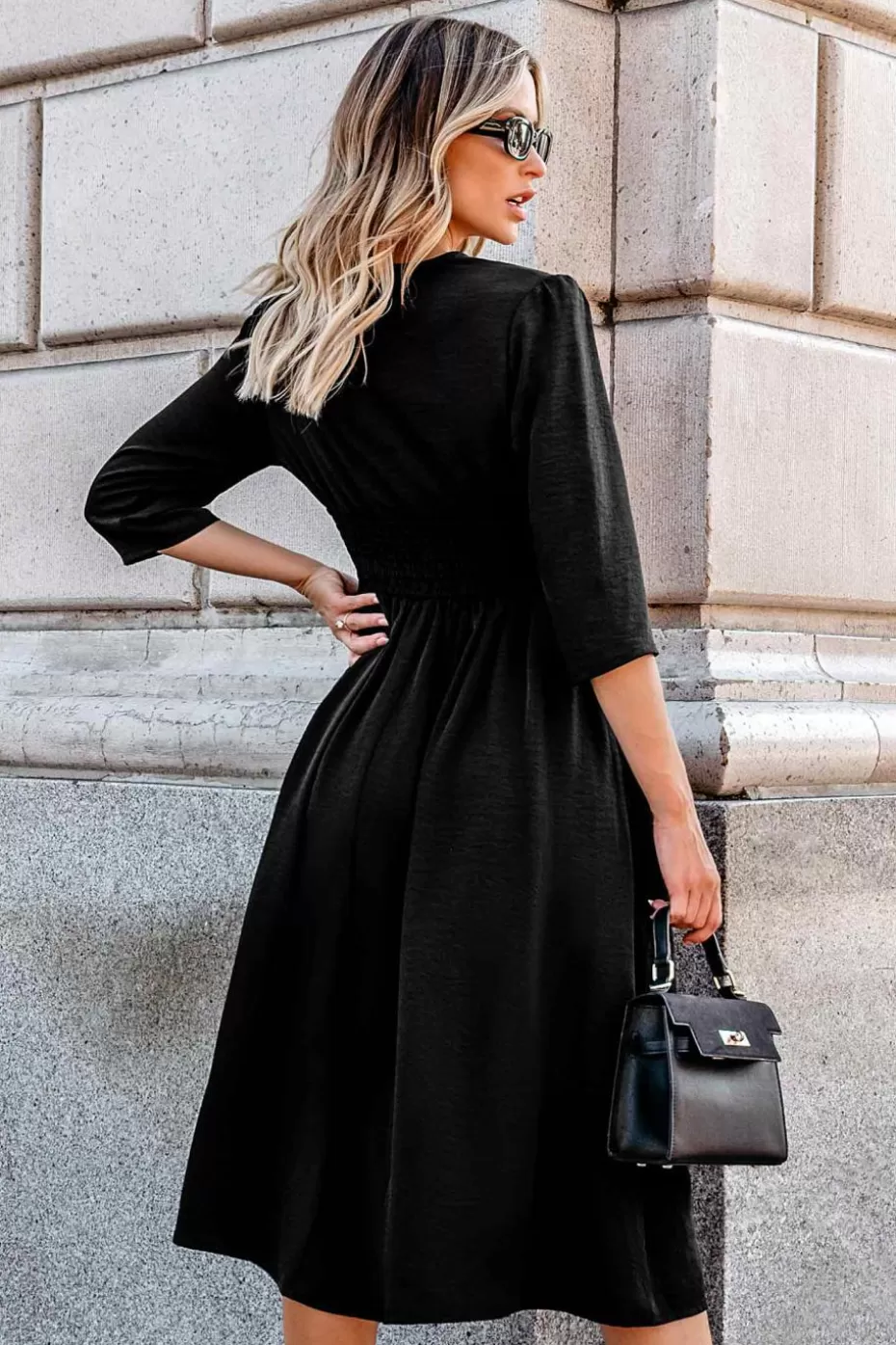 Hot Cupshe V-Neck 3/4 Sleeve Midi Dress Black