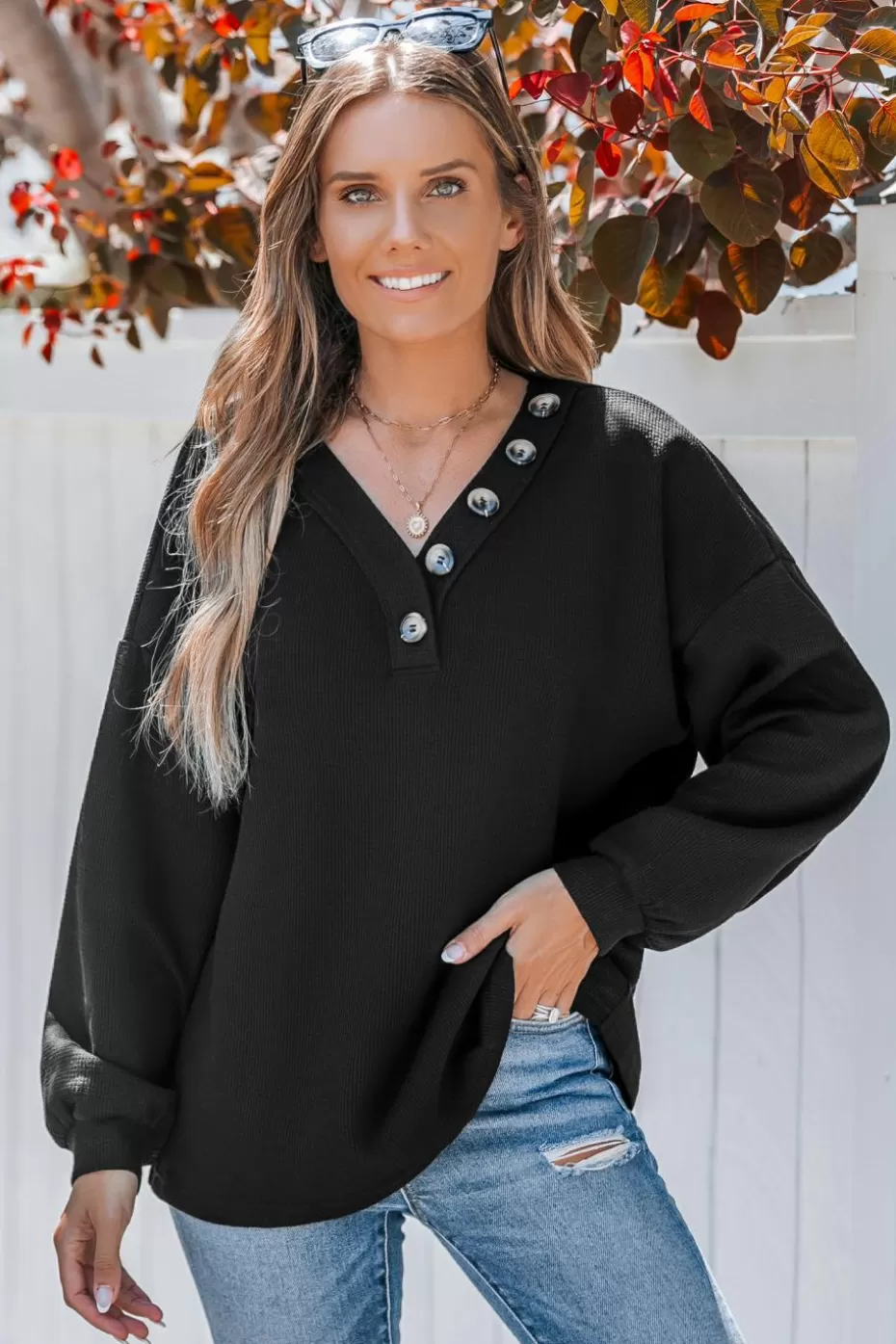 Outlet Cupshe V-Neck Drop Shoulder Long Sleeve Jersey Top Black
