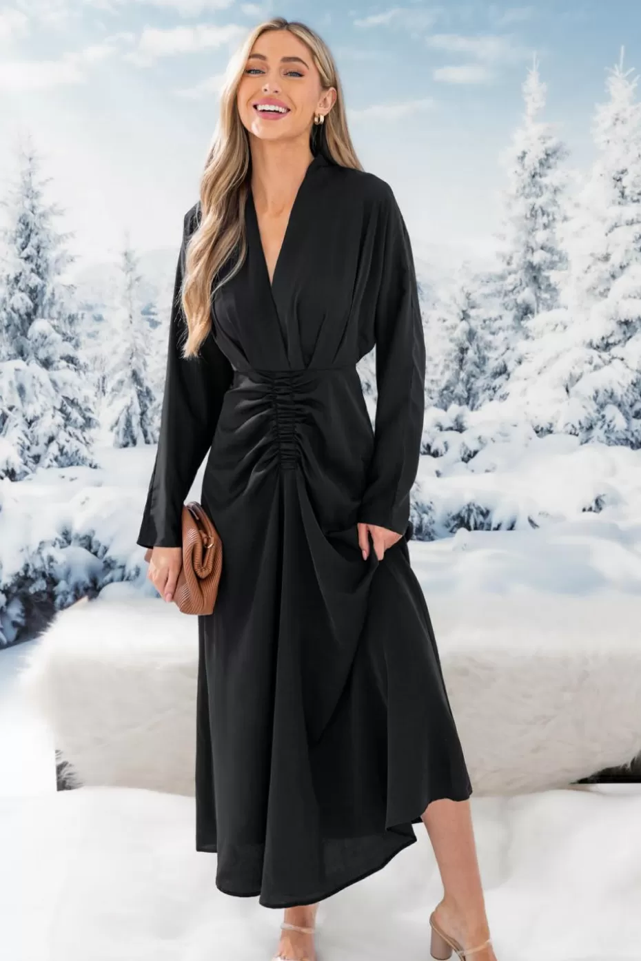 Outlet Cupshe V-Neck Ruched Long Dress Black