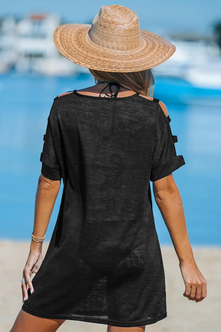 Store Cupshe V-Neck Short Sleeve Cover-Up Black