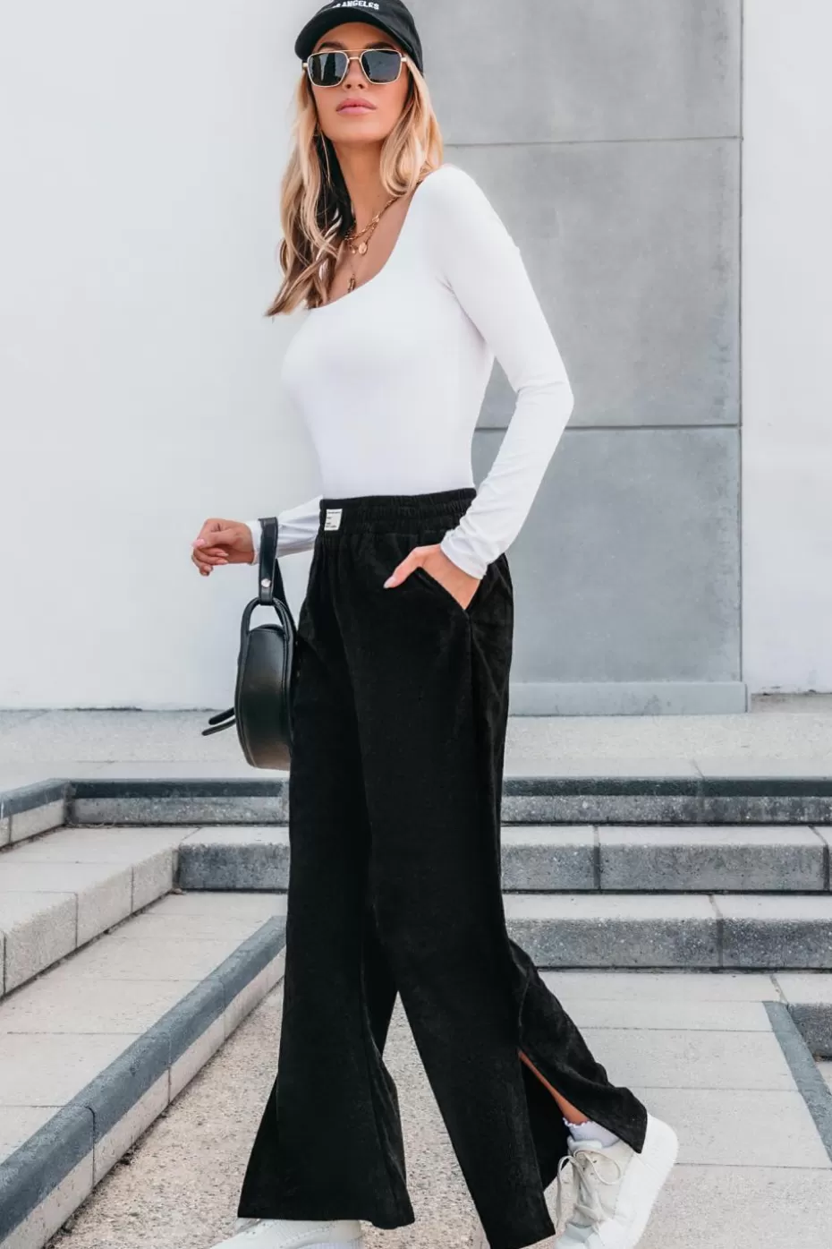 Sale Cupshe Wide Leg Corduroy Pants Black