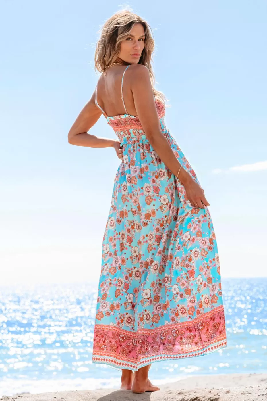 Sale Cupshe Blue & Pink Floral Sleeveless Square Neck Maxi Dress Light Blue