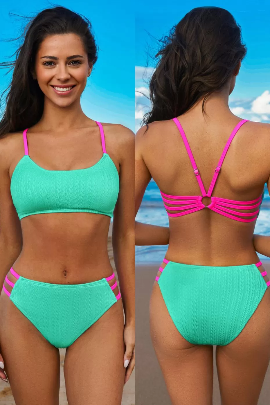 Shop Cupshe & Pink Textured Bikini Top & High-Rise Bottom Set Blue