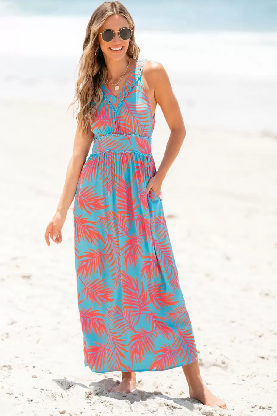 Online Cupshe & Red Tropical Sleeveless V-Neck Maxi Dress Blue