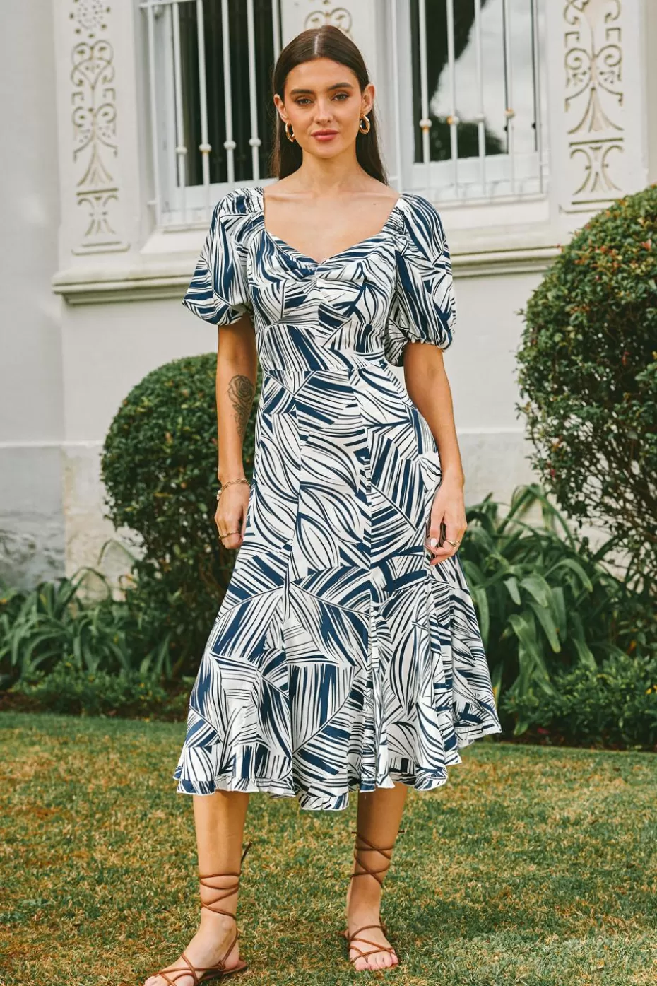 Store Cupshe Blue & Abstract Sweetheart Puff Sleeve Midi Dress White