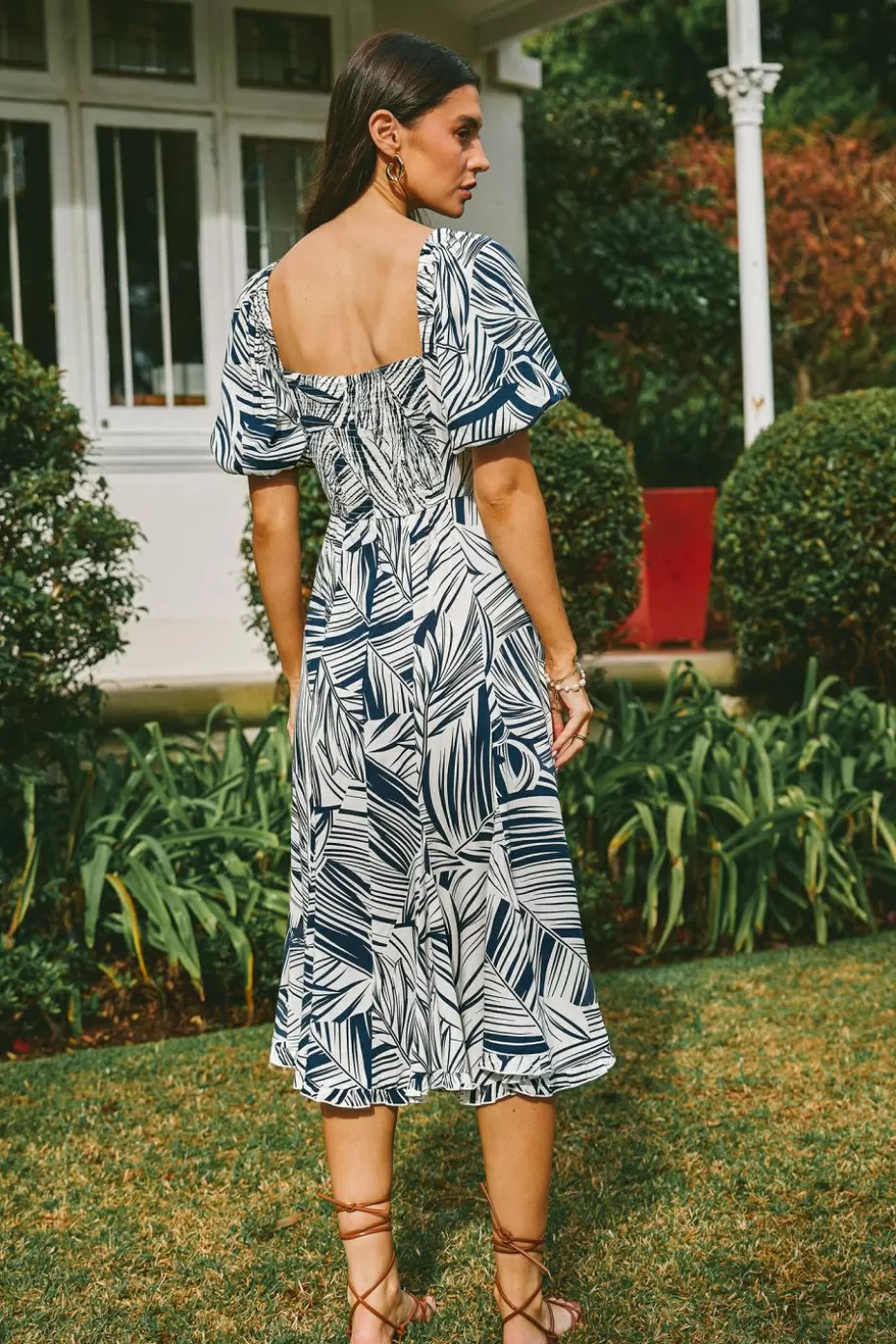 Store Cupshe Blue & Abstract Sweetheart Puff Sleeve Midi Dress White