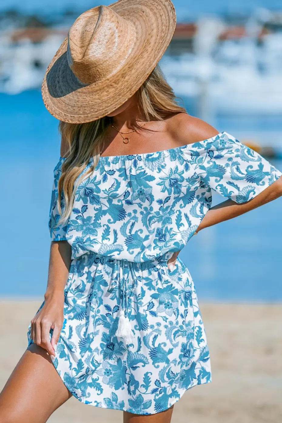 Online Cupshe & White Floral Off-Shoulder Mini Cover-Up Blue