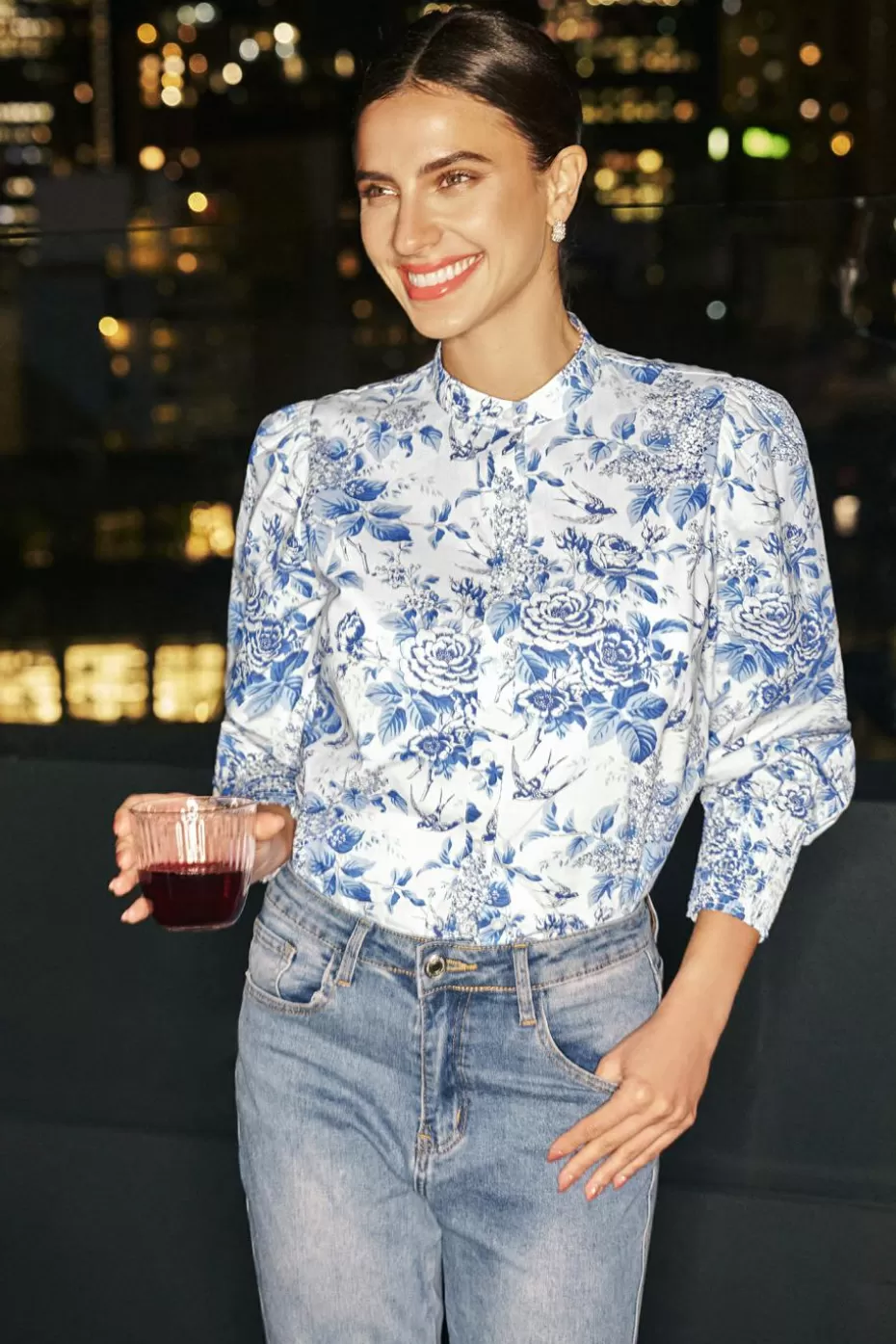 Outlet Cupshe & White Floral Puff Sleeve Standing Collar Blouse Blue
