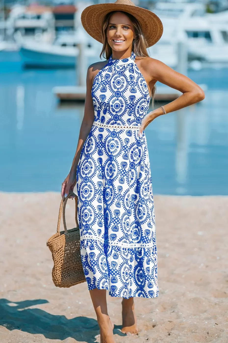 Store Cupshe & White Ornate Halterneck Sleeveless Midi Dress Blue