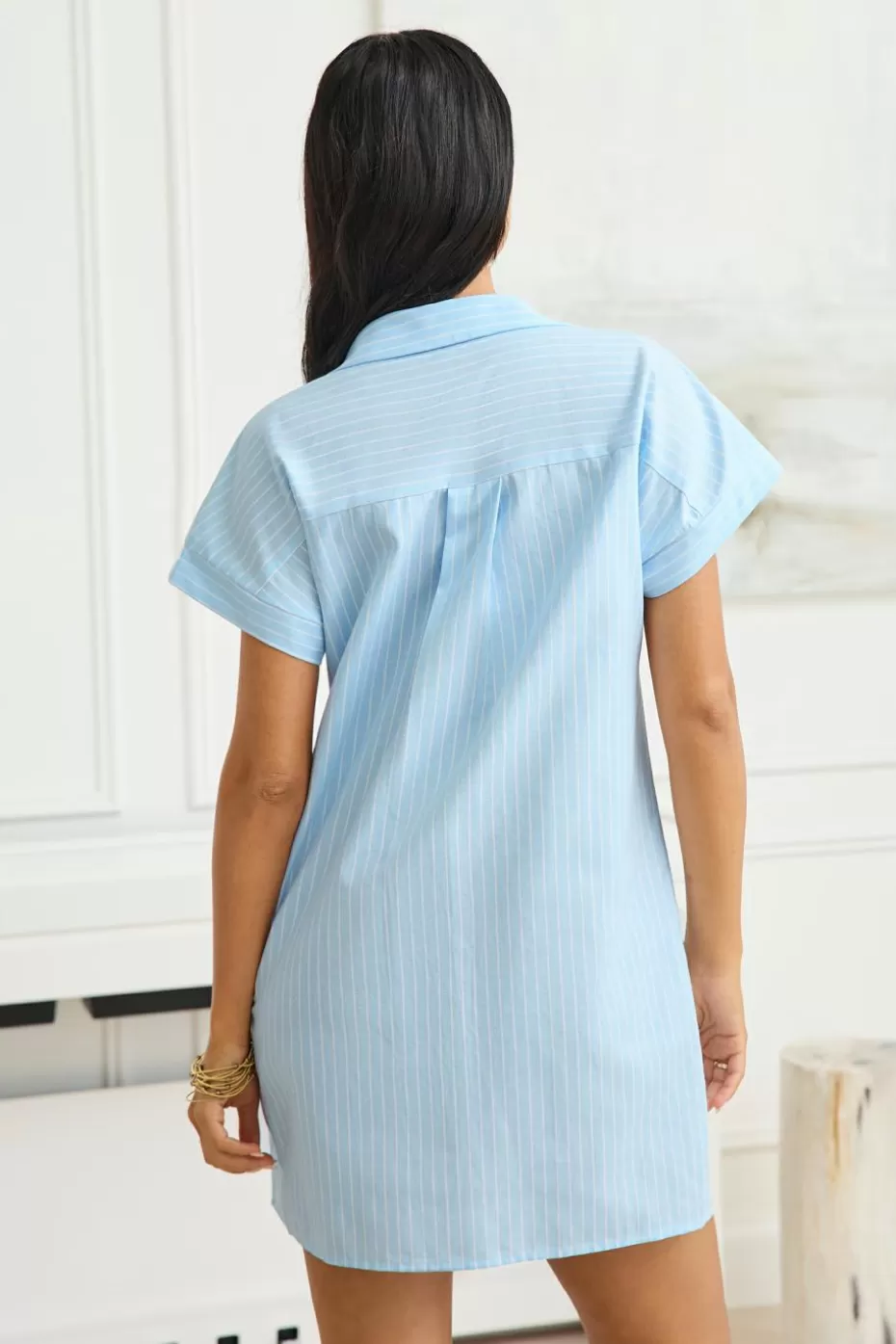 Cheap Cupshe Blue & White Stripe Collared Short Sleeve Mini Dress Light Blue
