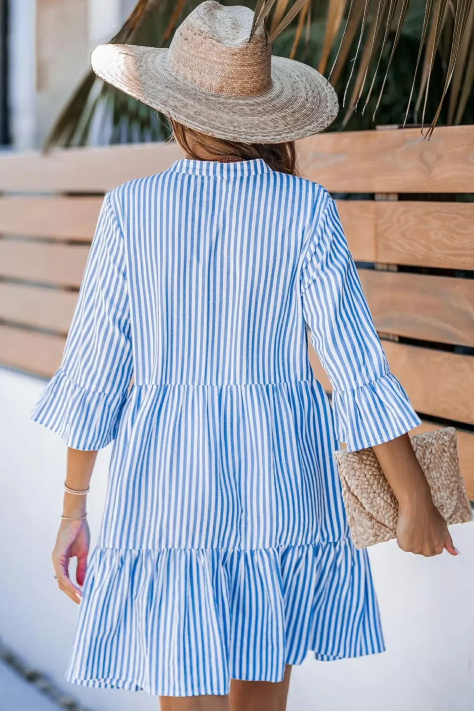 Discount Cupshe & White Stripe Half Sleeve Ruffle Cuff Mini Dress Blue
