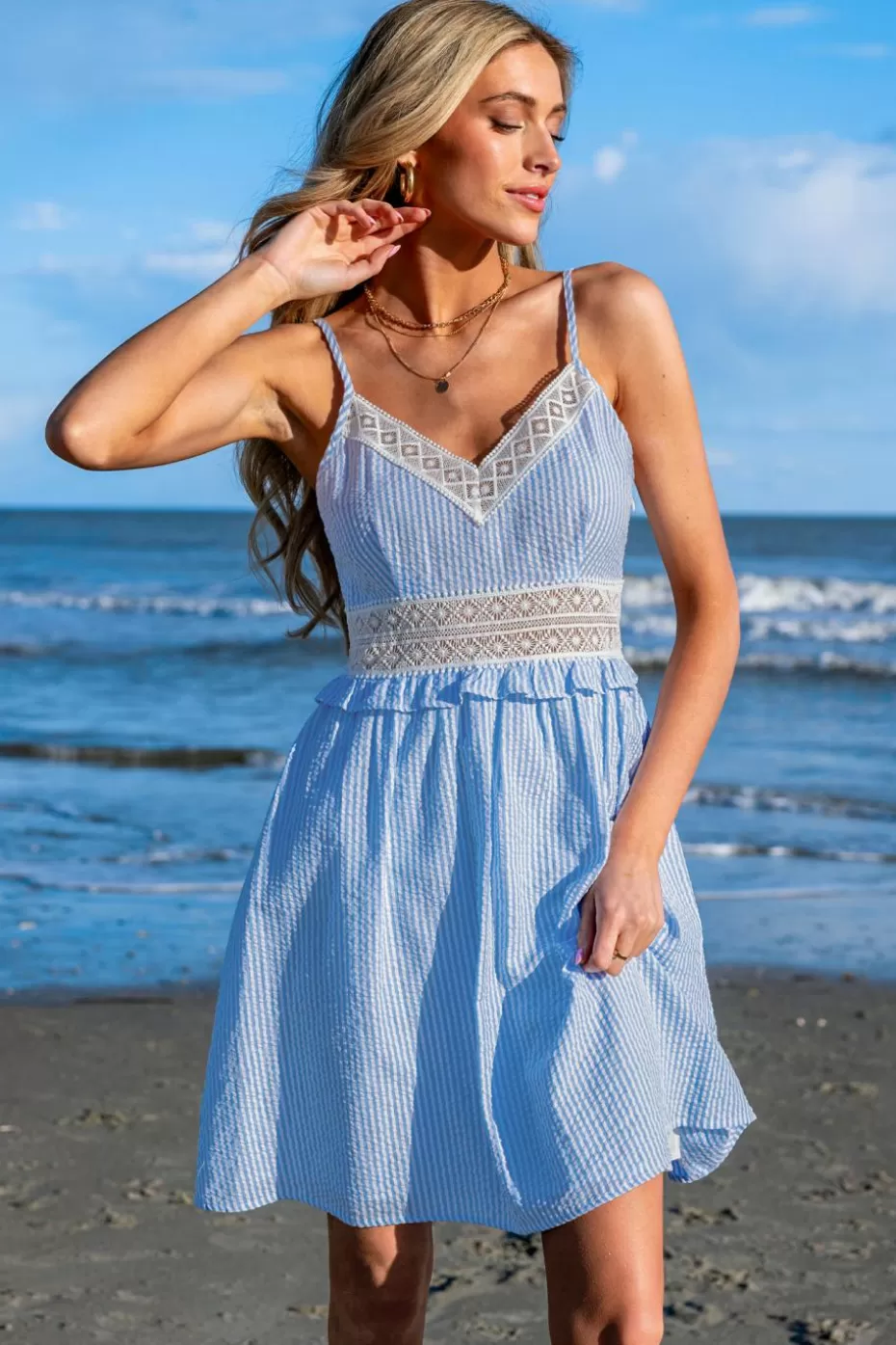 Shop Cupshe Blue & White Stripe Lace Ruffled Mini Dress Light Blue