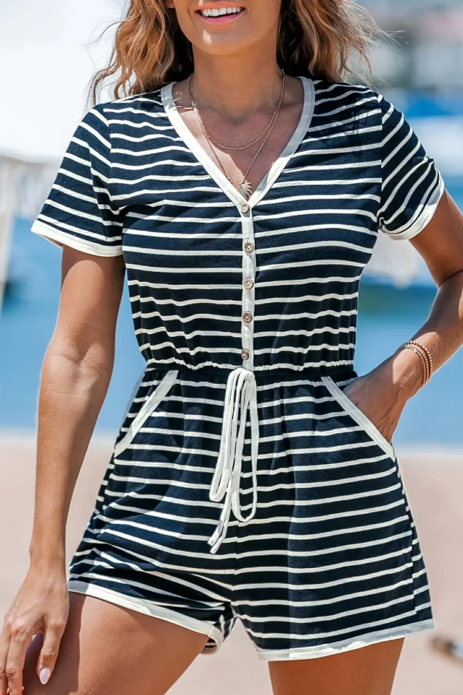 Best Cupshe Blue & White Stripe Short Sleeve Straight Leg Nautical Romper Navy