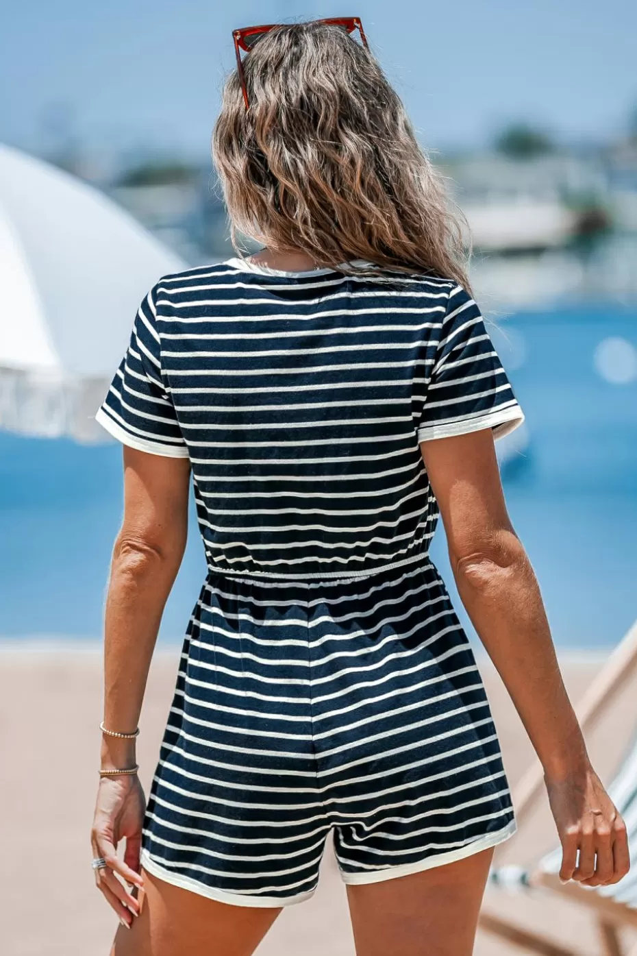 Best Cupshe Blue & White Stripe Short Sleeve Straight Leg Nautical Romper Navy
