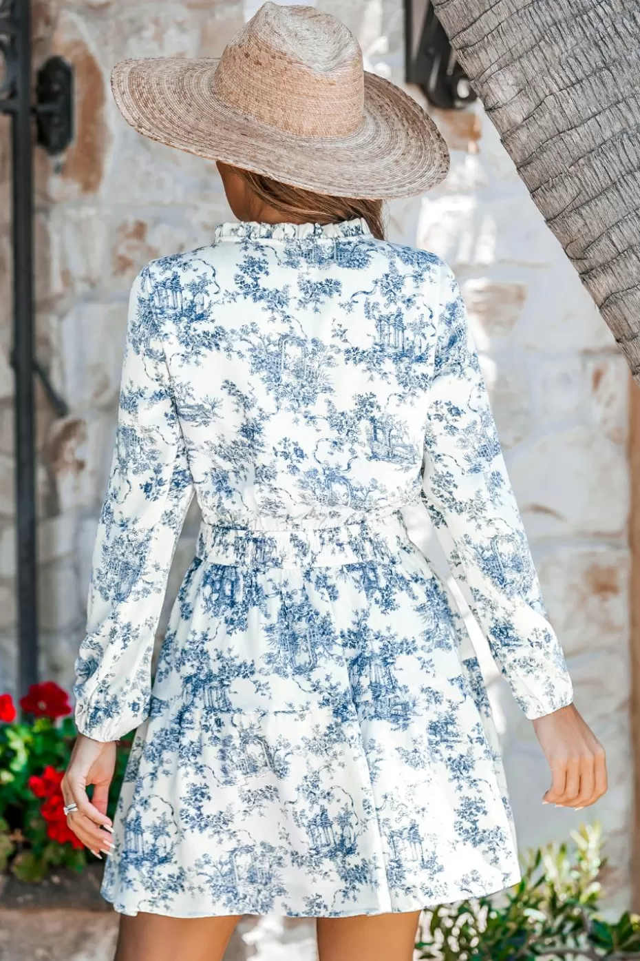 Best Sale Cupshe Blue & White Toile Long Sleeve Mini Dress Light Blue