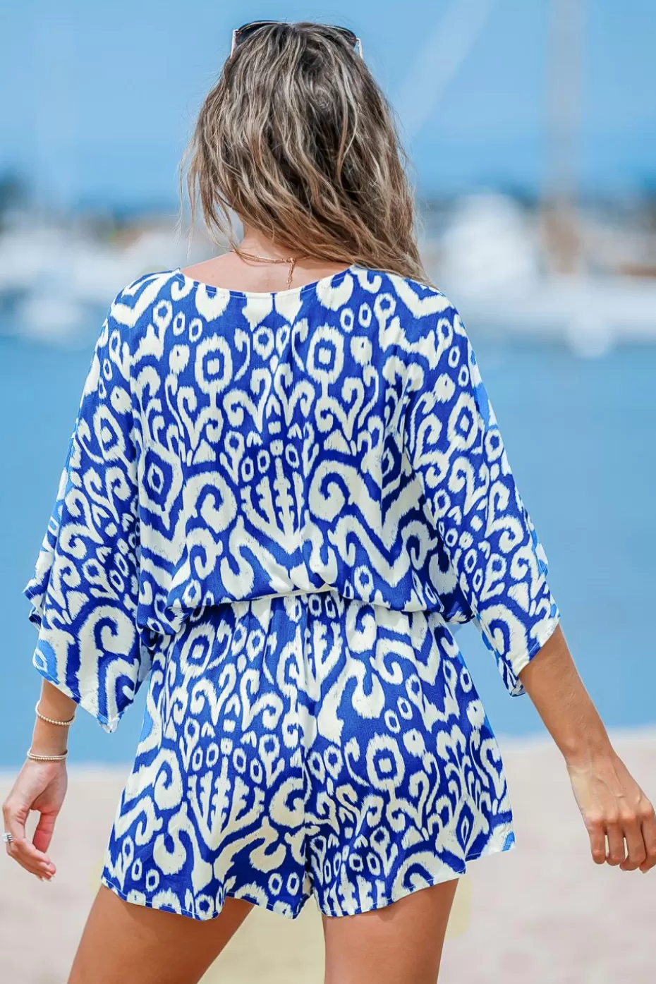 Online Cupshe Abstract V-Neck Wide Leg Romper Blue