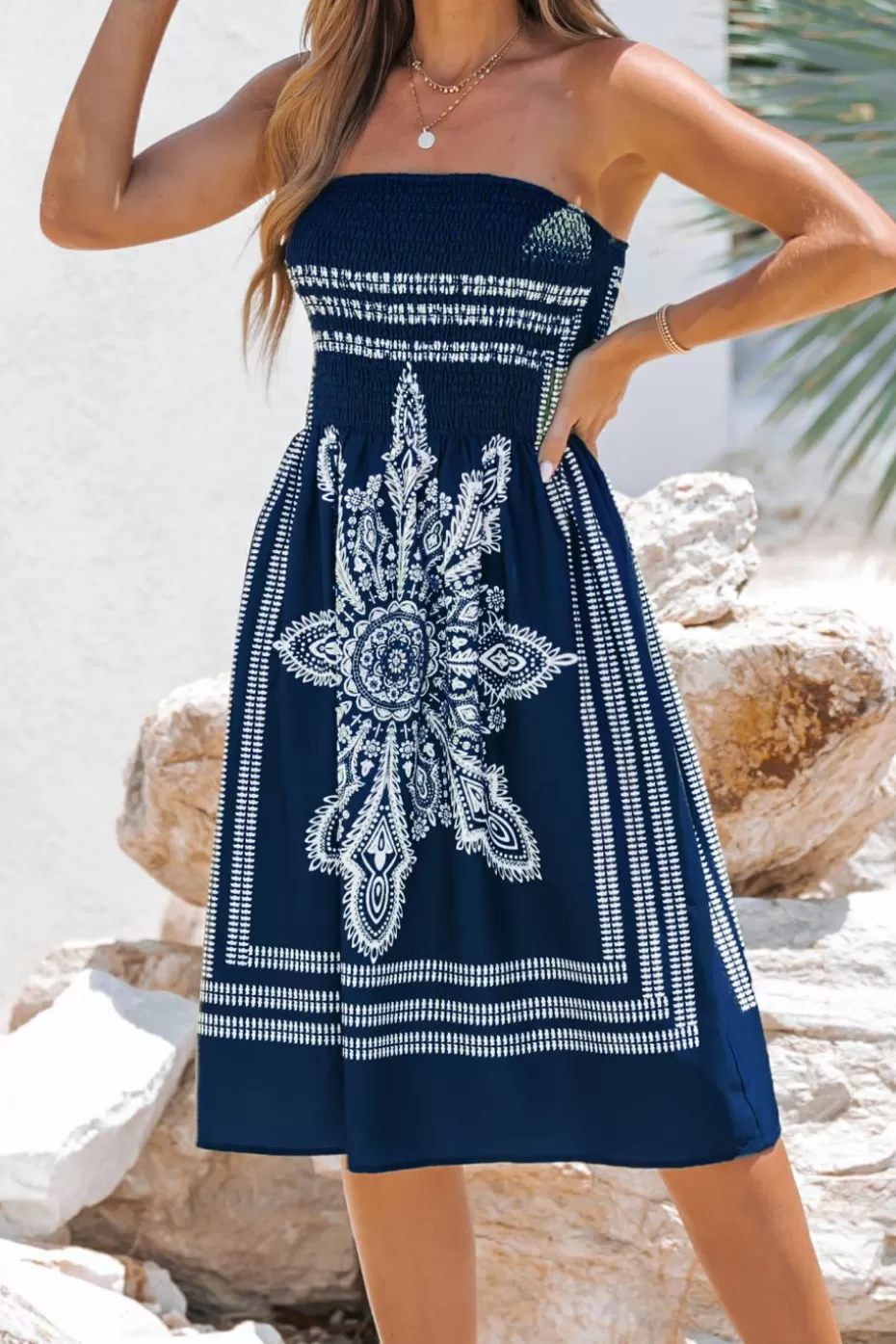 Best Sale Cupshe Blue Boho Smocked Bodice Mini Tube Dress Navy