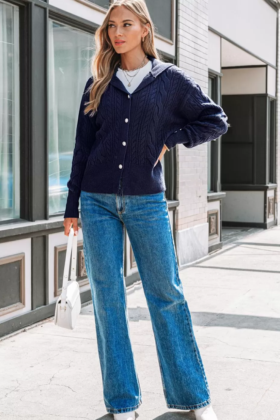 Online Cupshe Cable Knit Front Button Cardigan Blue