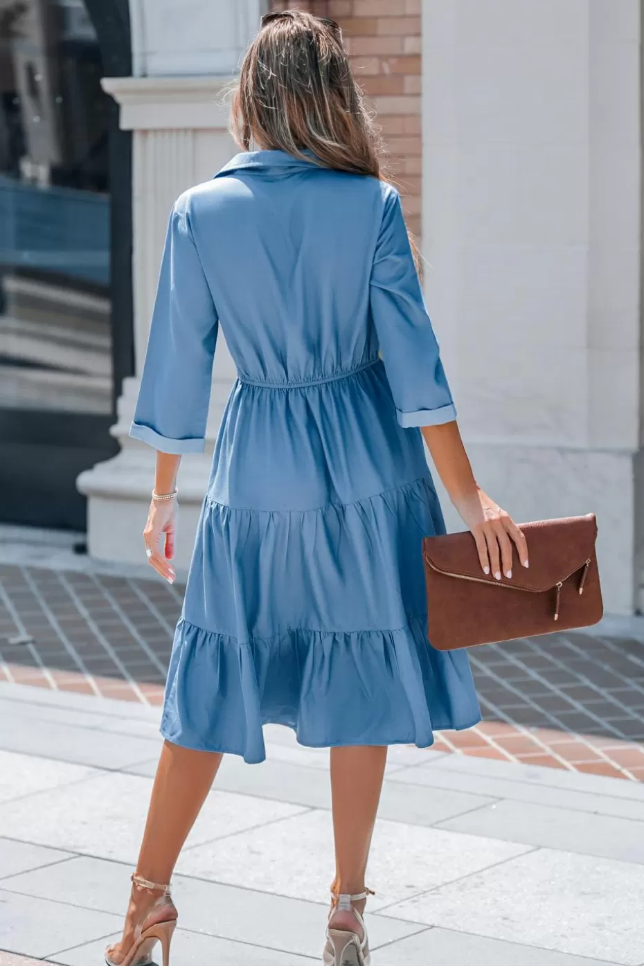 Shop Cupshe Collared Front Button Half Sleeve Midi Dress Blue