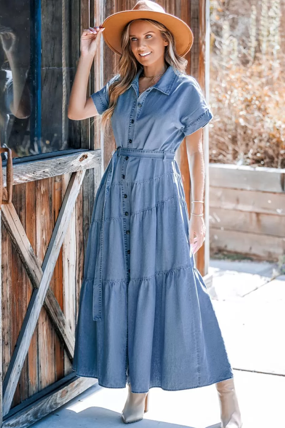 Online Cupshe Collared Front Button Maxi Shirt Dress Blue