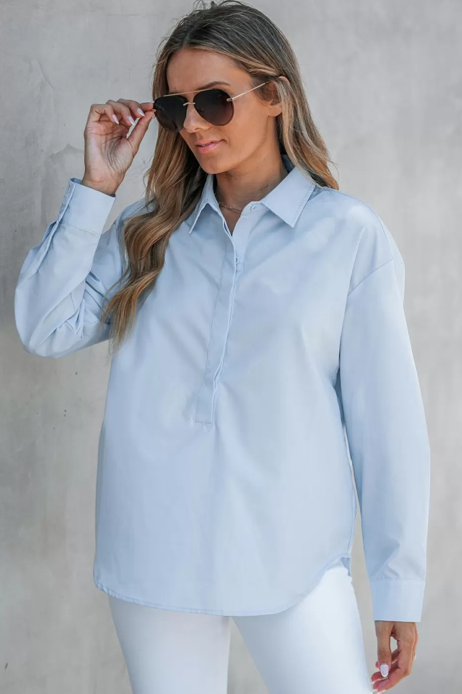 Cheap Cupshe Collared Hidden Button Long Sleeve Shirt Blue