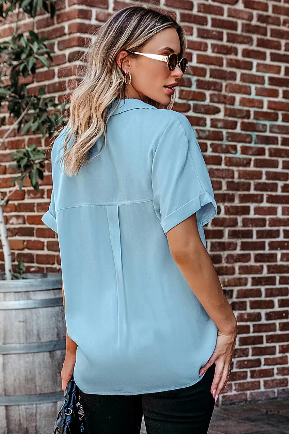 Online Cupshe Collared Short Sleeve Button Up Top Blue