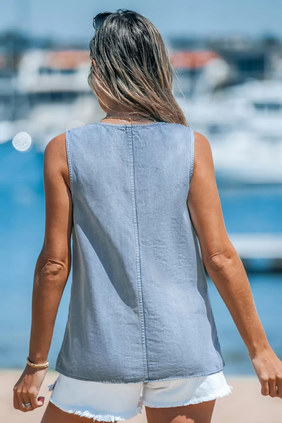 Sale Cupshe Cotton V-Neck Tank Top Blue