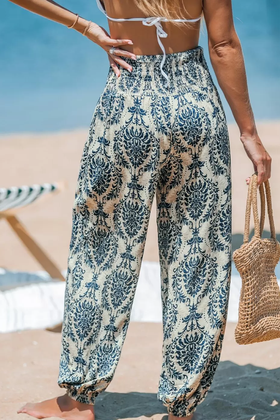 Discount Cupshe Damask Smocked Waist Tapered Leg Pants Blue