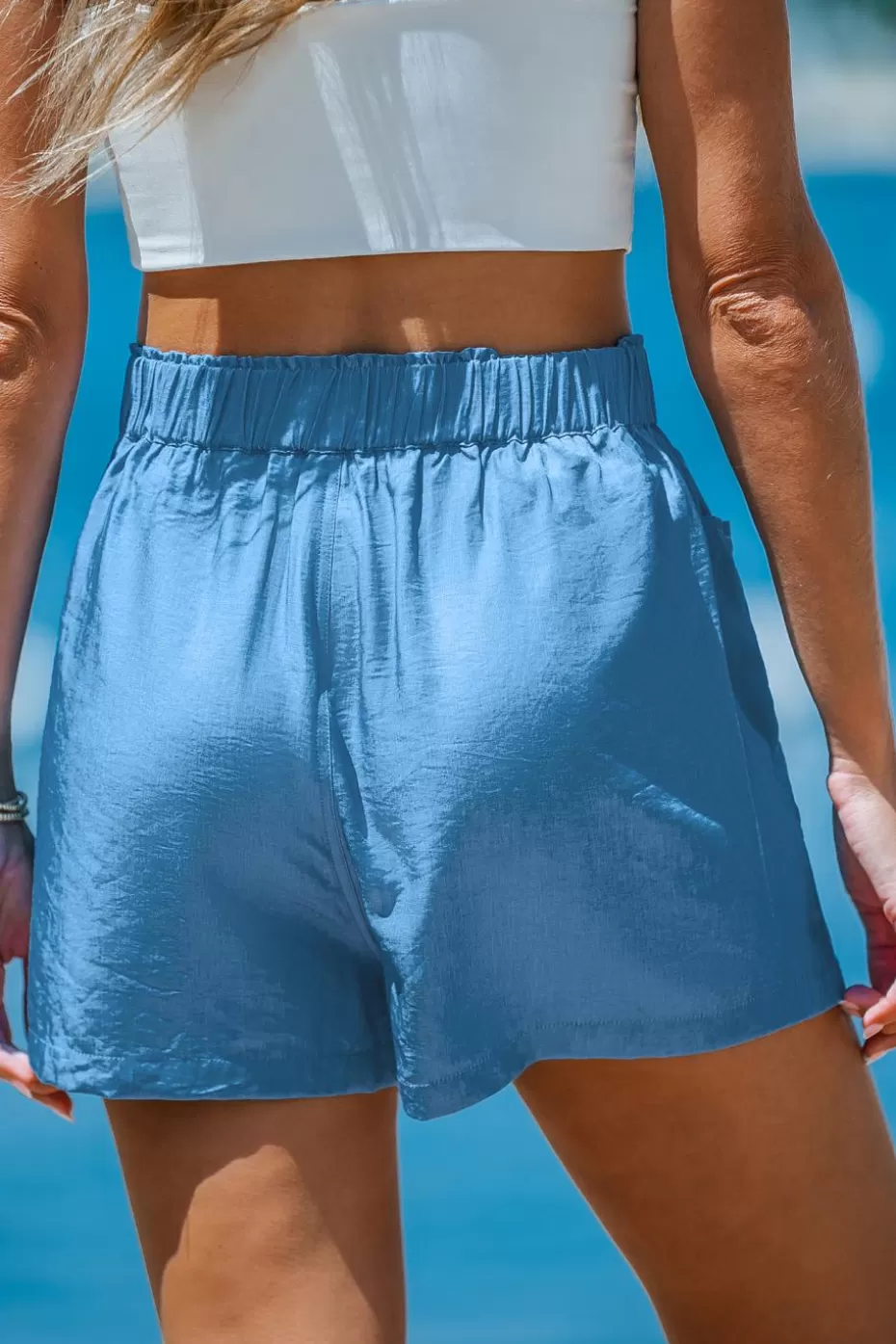 Clearance Cupshe Elastic Waist Patch Pocket Loose Leg Shorts Blue