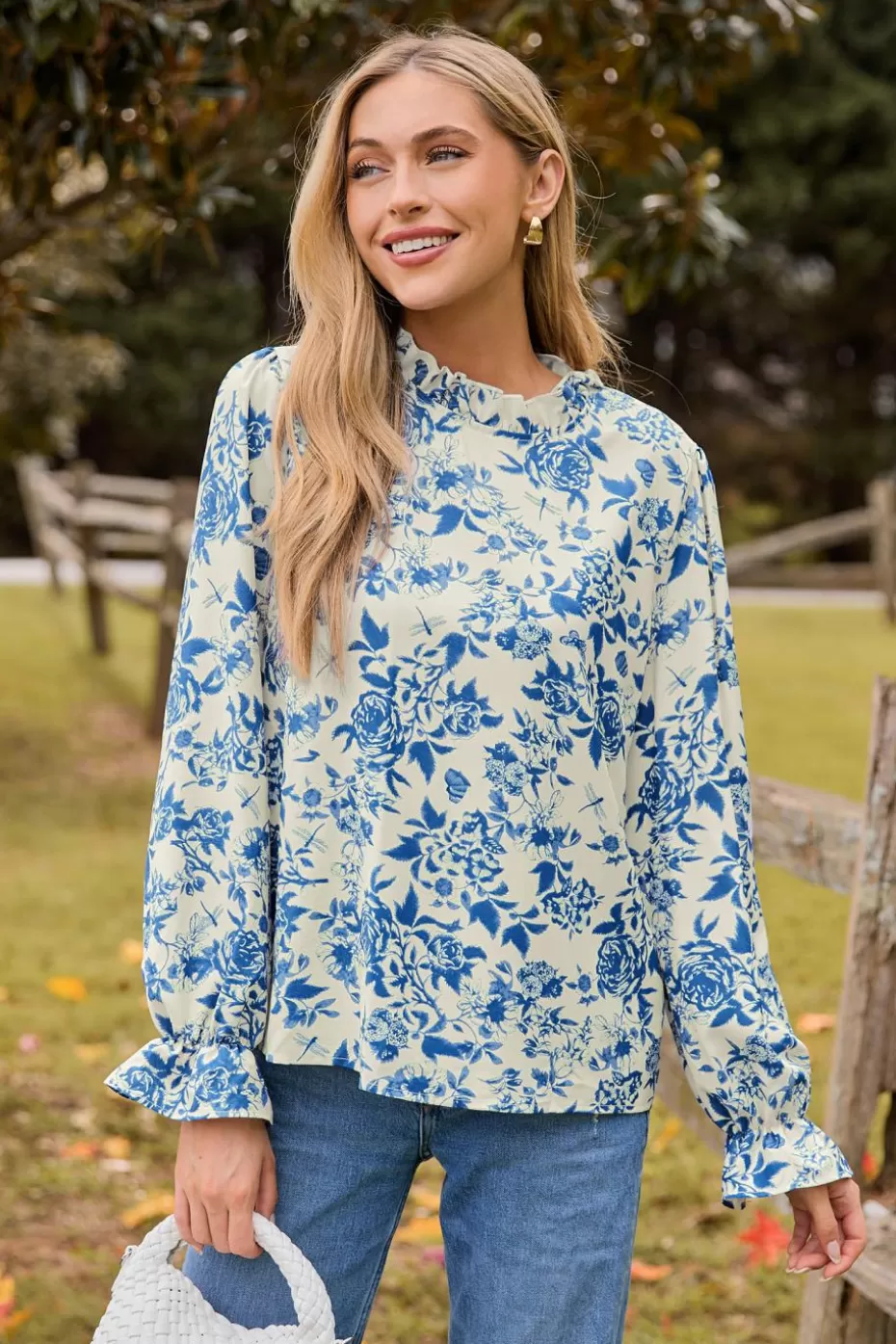 Store Cupshe Blue Floral Ruffled Standing Collar Long Poet Sleeve Blouse Beige