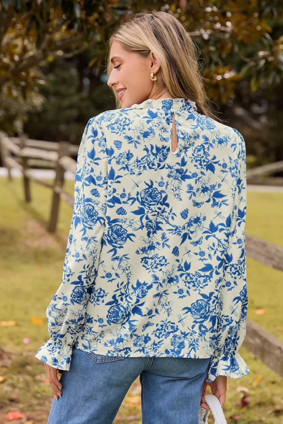 Store Cupshe Blue Floral Ruffled Standing Collar Long Poet Sleeve Blouse Beige