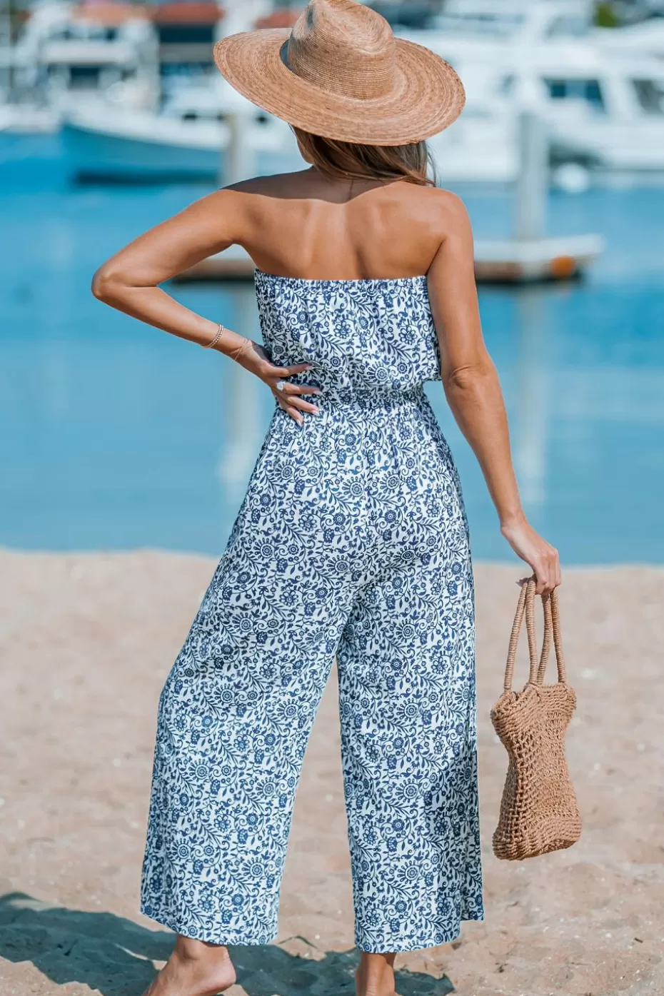 Store Cupshe Blue Floral Swirl Tube Top Wide Leg Jumpsuit Navy